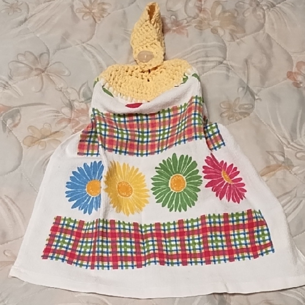 Colorful Floral Kitchen Towel with Yellow Crochet Top